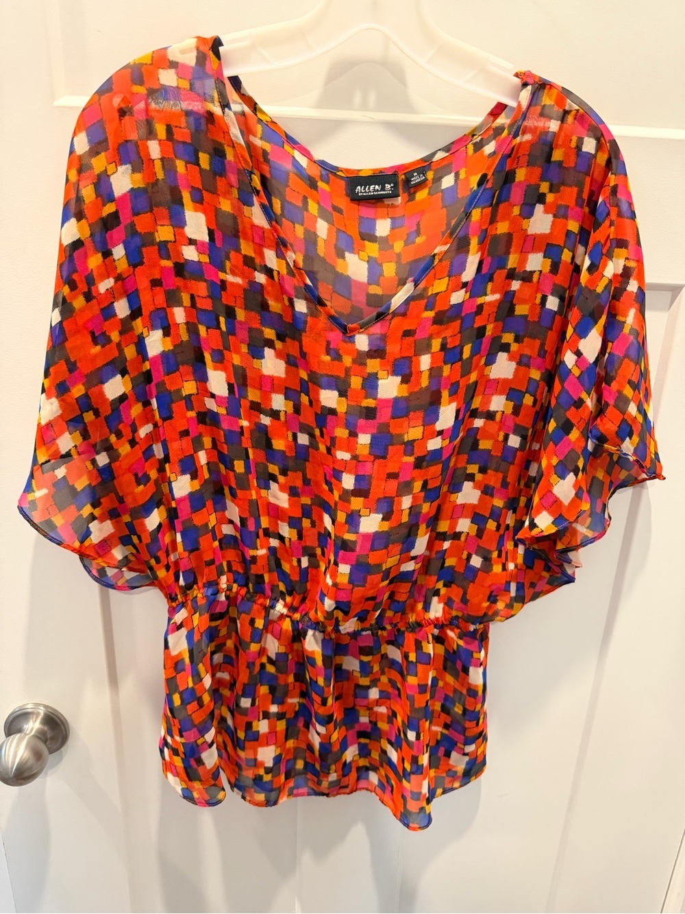 Allen B Large Abstract Print Peplum Blouse Colorful Sheer Flowy Top